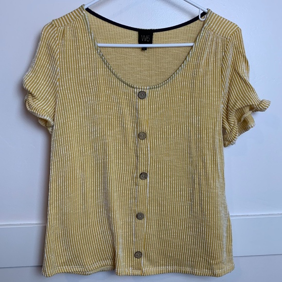 W5 Yellow Ribbed Button Ruffle Short Sleeve Blouse - Picture 1 of 5